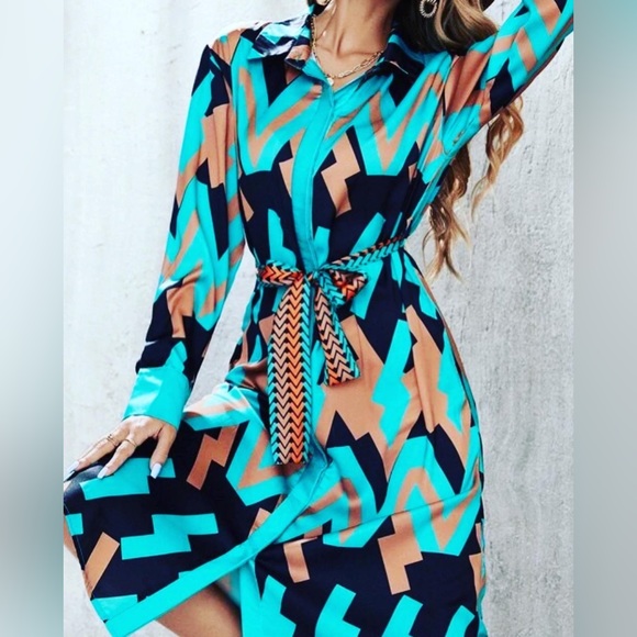 💙 NWT MOD SLINKY RETRO 1960’s STYLE SHIRT MIDI ABSTRACT DRESS LARGE - Picture 5 of 10